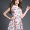 Pink Skater Dress Women Short Dress Spread Collar Sleeveless Printed Flare Dress - Image 4
