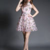 Pink Skater Dress Women Short Dress Spread Collar Sleeveless Printed Flare Dress - Image 2