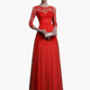 Red Maxi Dress Long Sleeve Lace Illusion Sweetheart Long Prom Dresses For Women