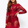 Red Shirt Dress Lace Women Long Sleeve Mini Dress Shift Dress - Image 6