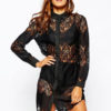 Red Shirt Dress Lace Women Long Sleeve Mini Dress Shift Dress - Image 2