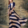 Two-Tone Maxi Dress With Stripes Print Cotton Satin for Women