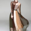 Vintage Shirt Dress Long Sleeve Turndown Collar Belt Color Block Semi Sheer Long Dress