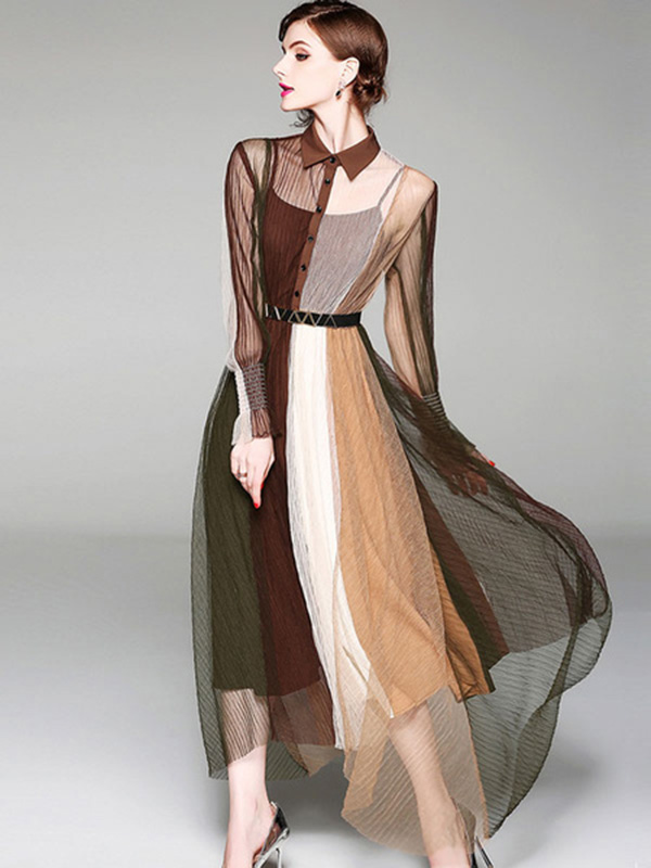 Vintage Shirt Dress Long Sleeve Turndown Collar Belt Color Block Semi Sheer Long Dress