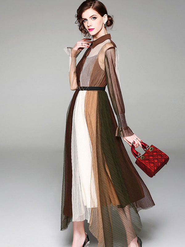 Vintage Shirt Dress Long Sleeve Turndown Collar Belt Color Block Semi Sheer Long Dress - Image 4
