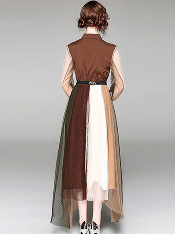 Vintage Shirt Dress Long Sleeve Turndown Collar Belt Color Block Semi Sheer Long Dress - Image 3