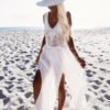 White Maxi Dress V-neck Sleeveless Slits Semi-Sheer Long Chiffon Dress For Women