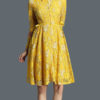 Women Lace Dress Turndown Collar Pleated Long Sleeve Yellow Women Dress
