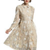 Women Lace Dress Turndown Collar Pleated Long Sleeve Yellow Women Dress - Image 3