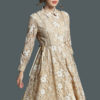 Women Lace Dress Turndown Collar Pleated Long Sleeve Yellow Women Dress - Image 2