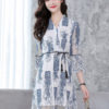 Women Lace Dress White Bell Sleeve V Neck Three Quarter Sleeve Sash Spring Dress