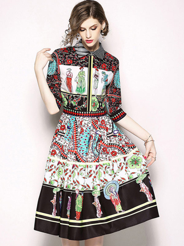 Women Shift Dress Half Sleeve Ethnic Print Spread Neck Front Button Midi Dress