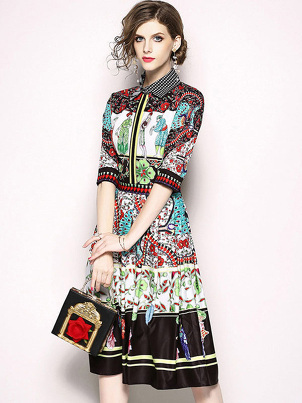 Women Shift Dress Half Sleeve Ethnic Print Spread Neck Front Button Midi Dress - Image 4