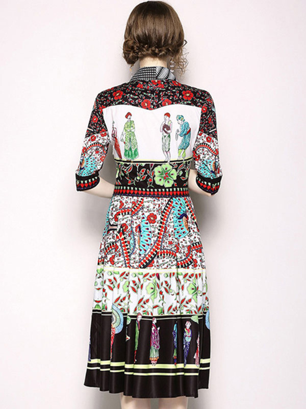 Women Shift Dress Half Sleeve Ethnic Print Spread Neck Front Button Midi Dress - Image 3