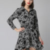 Women Shirt Dress Grey Long Sleeve Turndown Collar Embroidered Plaid High Low Short Dresses