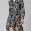 Women Shirt Dress Grey Long Sleeve Turndown Collar Embroidered Plaid High Low Short Dresses - Image 4