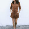 Women Shirt Dress Long Sleeve Drawstring Spread Collar Light Brown Mini Dress