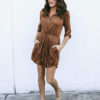 Women Shirt Dress Long Sleeve Drawstring Spread Collar Light Brown Mini Dress - Image 2