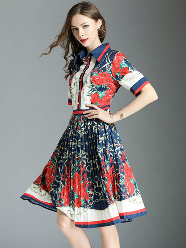 Women Shirt Dress Short Sleeve Front Button Printed Pleated Dark Navy Summer Dress - Image 4