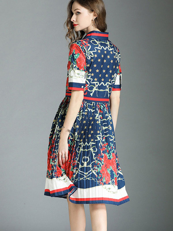 Women Shirt Dress Short Sleeve Front Button Printed Pleated Dark Navy Summer Dress - Image 3