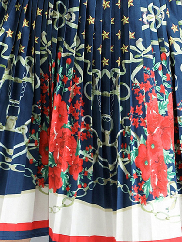 Women Shirt Dress Short Sleeve Front Button Printed Pleated Dark Navy Summer Dress - Image 2