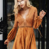 Women Skater Dress Suede Flare Dress V Neck Long Sleeve Slim Fit Short Dress