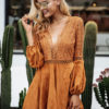 Women Skater Dress Suede Flare Dress V Neck Long Sleeve Slim Fit Short Dress - Image 2