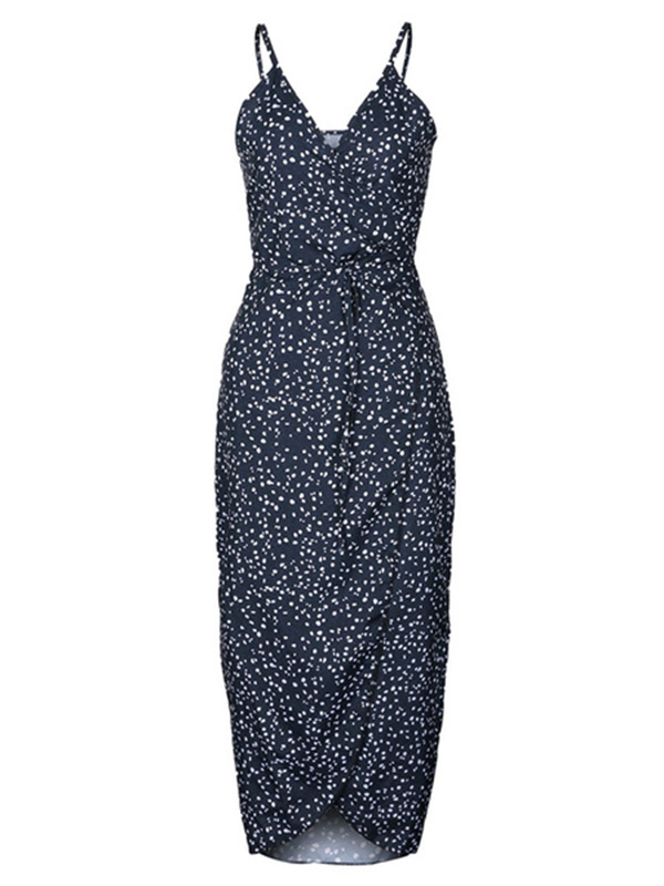 Women’s Boho Dress Floral Print V Neck Spaghetti Strap Backless High Low Dark Navy Long Dress - Image 2