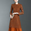 Women’s Lace Dress Long Sleeve Crew Neck Illusion Pleated Slim Fit Grey Dress
