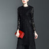 Women’s Lace Dress Long Sleeve Crew Neck Illusion Pleated Slim Fit Grey Dress - Image 4