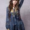 Women’s Skater Dress Ethnic Deep Blue Jewel Neck Puff Long Sleeve Printed A Line Dress