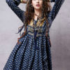 Women’s Skater Dress Ethnic Deep Blue Jewel Neck Puff Long Sleeve Printed A Line Dress - Image 4