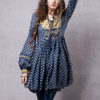 Women’s Skater Dress Ethnic Deep Blue Jewel Neck Puff Long Sleeve Printed A Line Dress - Image 3