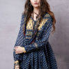 Women’s Skater Dress Ethnic Deep Blue Jewel Neck Puff Long Sleeve Printed A Line Dress - Image 2