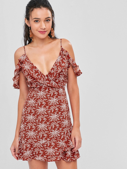 Cold Shoulder Ruffle Floral Mini Dress