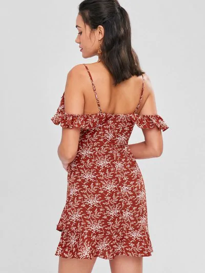 Cold Shoulder Ruffle Floral Mini Dress - Image 2