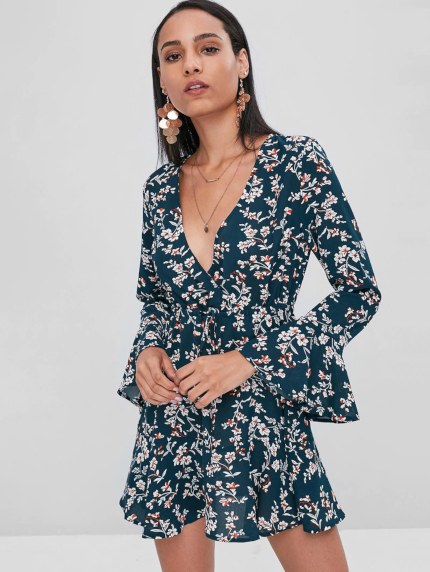 Drawstring Ruffles Floral Dress