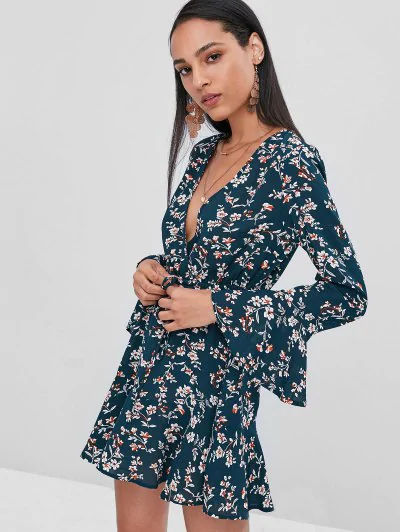 Drawstring Ruffles Floral Dress - Image 2