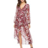 Floral Burgundy V Neck Long Sleeve High Low Maxi Dresses