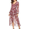 Floral Burgundy V Neck Long Sleeve High Low Maxi Dresses - Image 2