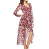 Floral Burgundy V Neck Long Sleeve High Low Maxi Dresses - Image 3