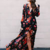 Floral Long Sleeve Tea Split Tie Waist Maxi Dresses