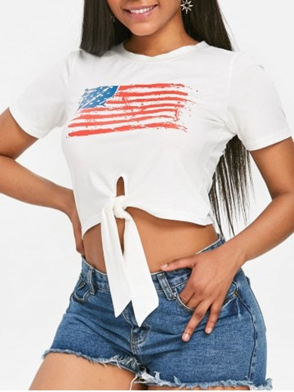 Front Knot American Flag Cropped Tee