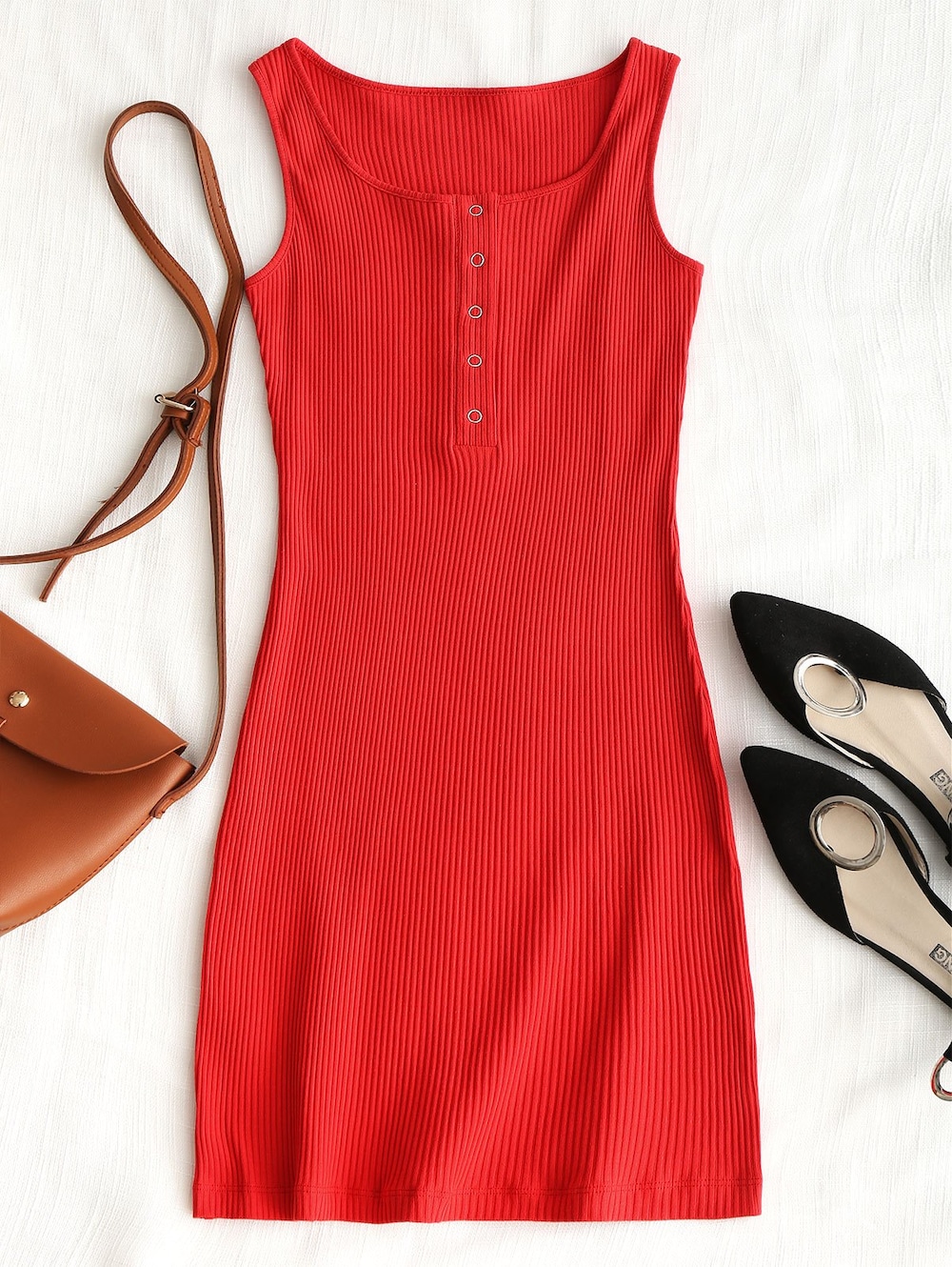 Knitted Snap Button Ribbed Bodycon Dress - Black S - Image 11