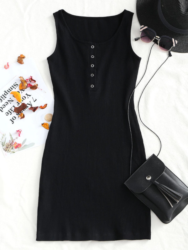 Knitted Snap Button Ribbed Bodycon Dress - Black S