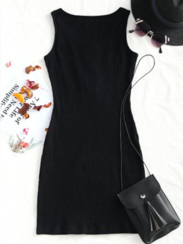 Knitted Snap Button Ribbed Bodycon Dress - Black S - Image 2