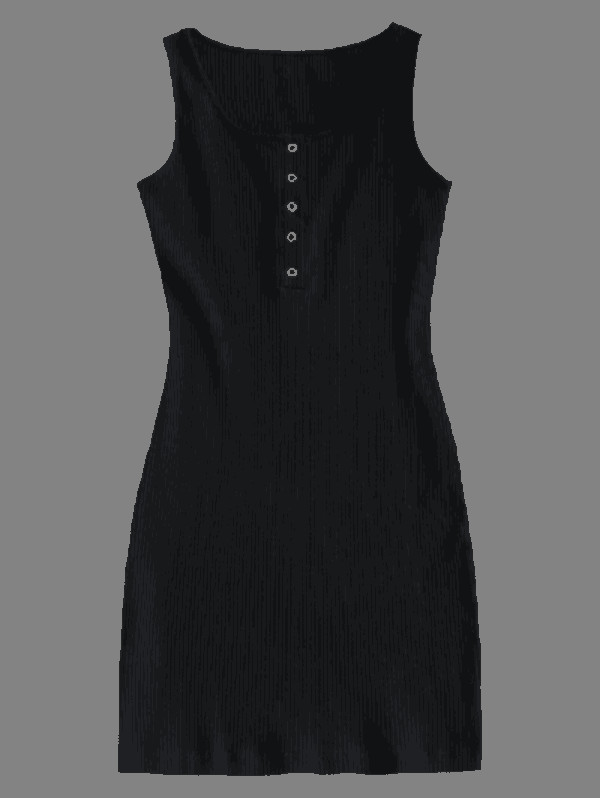 Knitted Snap Button Ribbed Bodycon Dress - Black S - Image 3