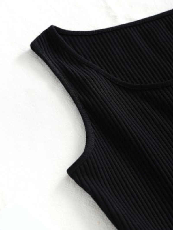 Knitted Snap Button Ribbed Bodycon Dress - Black S - Image 4