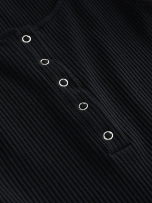 Knitted Snap Button Ribbed Bodycon Dress - Black S - Image 5