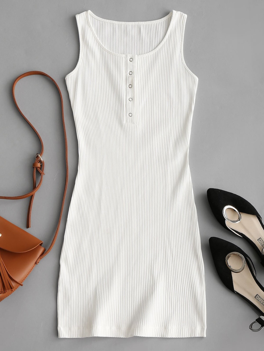 Knitted Snap Button Ribbed Bodycon Dress - Black S - Image 6